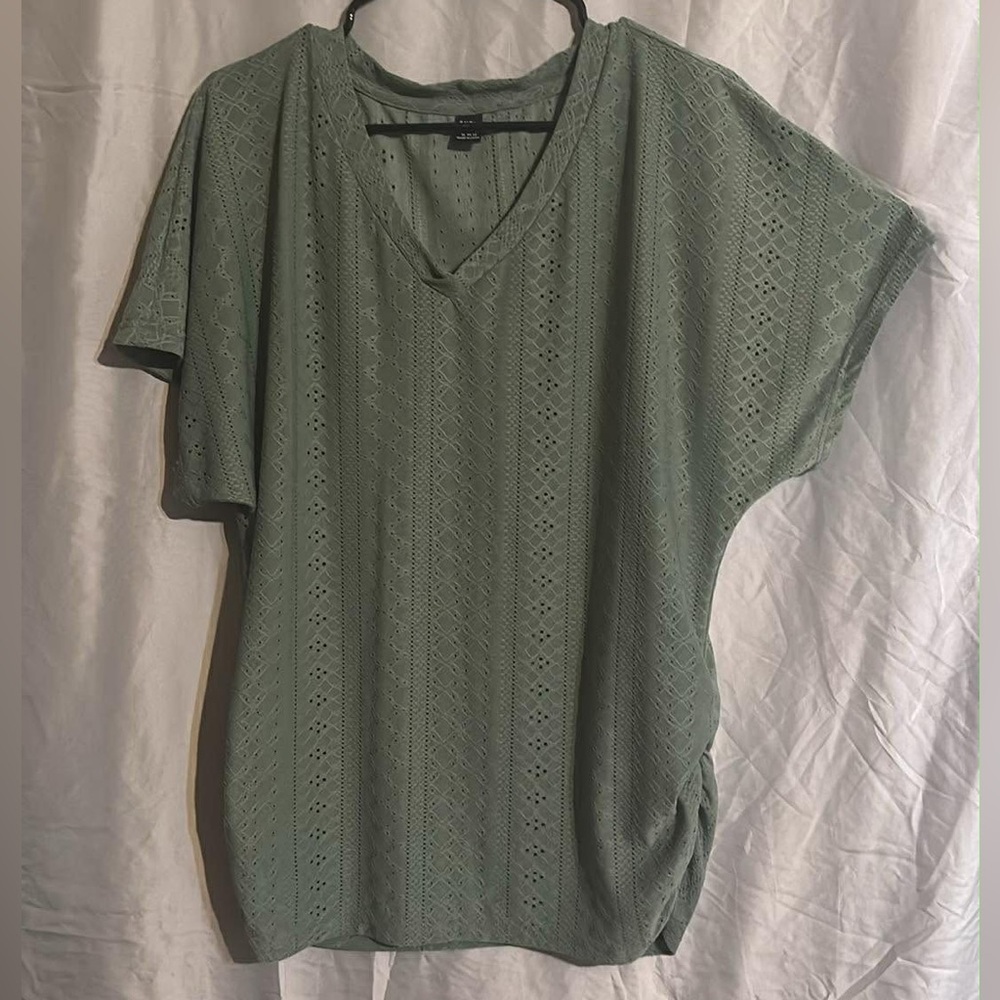 Sage Green Eyelet V-Neck Short Sleeve Top